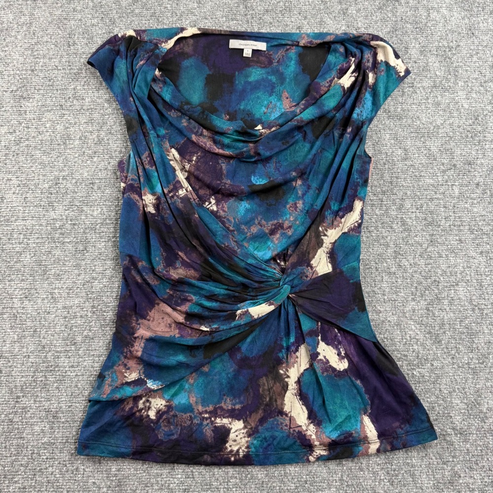 Classiques Entier Top L Blue Abstract Silk Blend Cowl Neck Draped Women